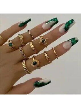 Gold and Green Midi 11pc Ring Set